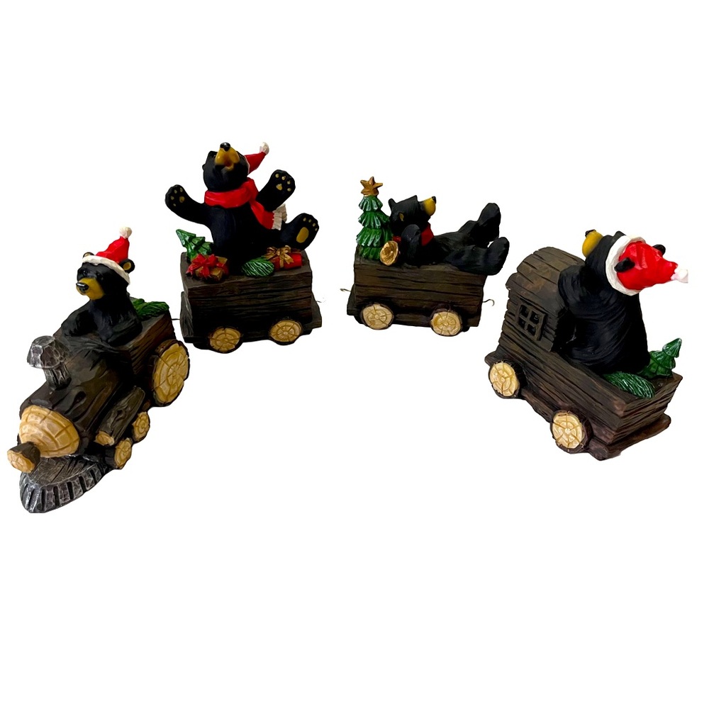 Black Bear Christmas Train, Hand Carved Look, Cottagecore Vibe, 4 Piece Set